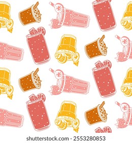 pattern with bright drinks in pink and orange colors. Texture of juicy drinks. Silhouettes of glass glasses with cozy drinks. Seamless texture of drinks on white. Printing for menu packaging, paper