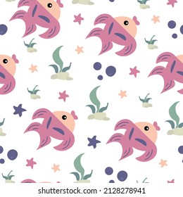 Pattern with bright fish and stars