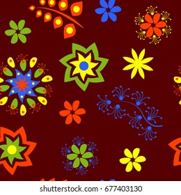 Pattern of bright floral ornament on a dark brown background