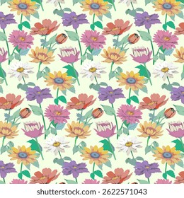 Pattern with bright floral print.Vector seamless pattern with flowers on a light background.