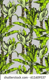 Pattern with bright green palm  trees on grey background, jungle, tropical