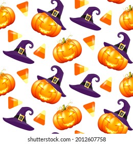 Pattern with bright Halloween pumpkins and sweets on a white background. Seamless pattern halloween pumpkins, great design for any purposes. Design wrapping paper, wallpaper. Fashion style pattern.