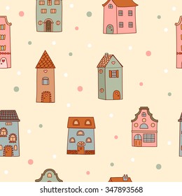 Pattern of the bright, hand drawn illustration of houses.