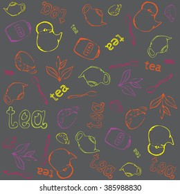Pattern with bright hand-drawn tea elements