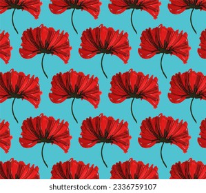 Un patrón de amapolas rojas pintadas a mano en un fondo azul. Un conjunto de elementos estampados para la decoración de tela, papel de envolver regalo, papel pintado en los colores del otoño