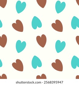 Pattern with bright hearts, blue and brown chocolate mousse, on white background.