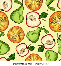 
A pattern with bright and juicy fruits.
Pears, apples and oranges on a yellow background. Vector illustration.