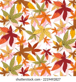 Pattern of bright leaves.Vector seamless pattern of bright autumn leaves with shadow.
