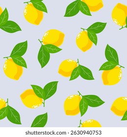 Pattern of bright lemons with green leaves on a blue background creating a vibrant design for home decor or fabric