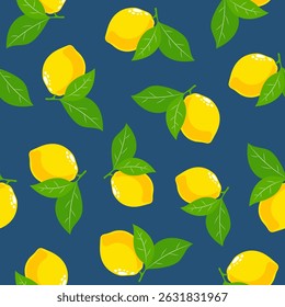 Pattern of bright lemons with green leaves on a blue background creating a vibrant design for home decor or fabric