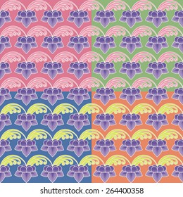 The pattern with bright multicolor lotuses drawn on a multicolor backgrounds 
