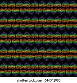 Pattern with bright openwork hearts on a dark backdrop. Rainbow design on a black background. Vector illustration.