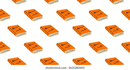 Pattern of bright orange books with heartbeat graphics on a white background