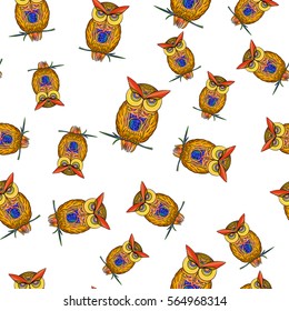 pattern of bright owls on white background.