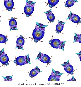 pattern of bright owls on white background.