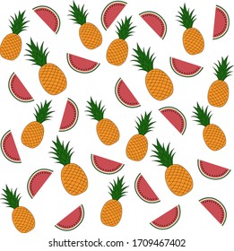 Pattern with bright pineapples and large red slices of watermelon