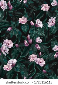 Pattern with bright pink flowers with bright leaves, tropical floral pattern on black background