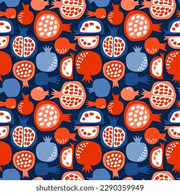 Pattern with bright pomegranates on a dark blue background. Vector digital illustration. For textile, wallpaper, packaging, scrapbooking.