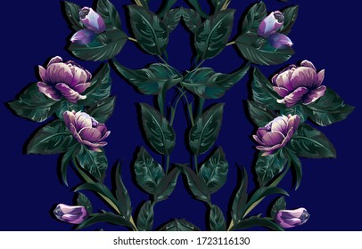 Pattern with bright purple roses and bright green leaves with shadow in vertical composition on bright blue background, stripe from floral roses and leaves