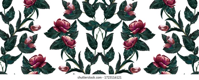 Pattern with bright red roses and  branch with bright green leaves  in vertical composition on white background