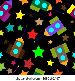 Pattern of bright stars and rockets on a black background. Vector.