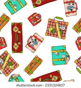 Patrón de maletas brillantes para viajar. Equipaje de mano. Bolsa. Entretenimiento, mudándose a otro país. Patrón transparente de ilustración de vector