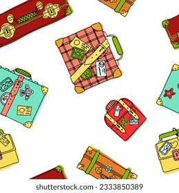 Pattern of bright suitcases for travel. Hand luggage. Bag. Entertainment, moving to another country. Vector illustration seamless pattern