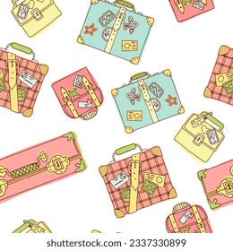 Pattern of bright suitcases for travel. Hand luggage. Bag. Entertainment, moving to another country. Vector illustration seamless pattern