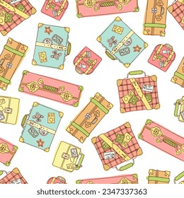 Pattern of bright suitcases for travel. Hand luggage. Bag. Entertainment, moving to another country. Vector illustration seamless pattern