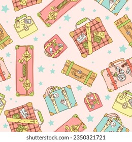 Pattern of bright suitcases for travel. Hand luggage. Bag. Entertainment, moving to another country. Vector illustration seamless pattern