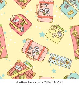 Pattern of bright suitcases for travel. Hand luggage. Bag. Entertainment, moving to another country. Vector illustration seamless pattern