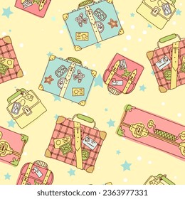Pattern of bright suitcases for travel. Hand luggage. Bag. Entertainment, moving to another country. Vector illustration seamless pattern