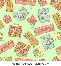 Pattern of bright suitcases for travel. Hand luggage. Bag. Entertainment, moving to another country. Vector illustration seamless pattern