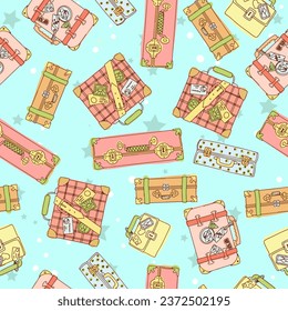 Pattern of bright suitcases for travel. Hand luggage. Bag. Entertainment, moving to another country. Vector illustration seamless pattern