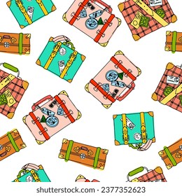 Pattern of bright suitcases for travel. Hand luggage. Bag. Entertainment, moving to another country. Vector illustration seamless pattern
