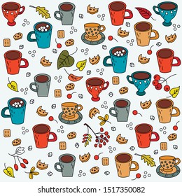Pattern of bright tea and coffee cups and autumn leaves on a white background