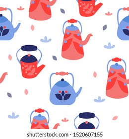 pattern with bright teapots. floral printed teapots. simple vector illustration.