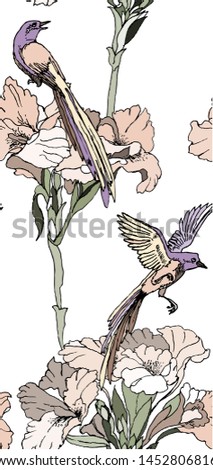 Pattern with bright tropical flowers and cute birds on white background