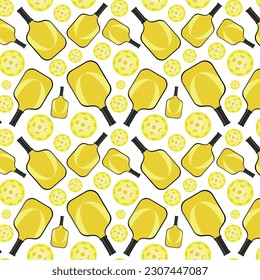 Pattern with bright yellow fashionable racket and pickleball ball. Pickleball Sports equipment for outdoor games. Backdrop for banners, print for sportswear, paper, fabrics. Vector illustration	