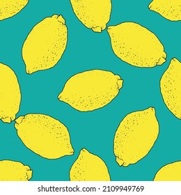 a pattern of bright yellow lemon with a black outline on a green background. 
 seamless pattern of sketch-drawn lemon chaotically on emerald Summer citrus Fruit Pattern for label design template,