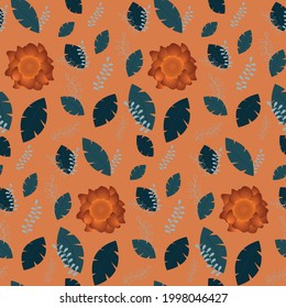 Pattern with a brown background, leaves in a dark and light blue color, orange flower with a gradient