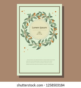Pattern of brown branches with gray-green leaves and ocher berries, on a pearl-white background. Great for making greeting cards, invitations to a birthday, wedding, or other event. 