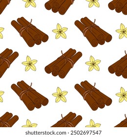 Pattern with brown cinnamon sticks and yellow vanilla flower, doodle drawing on white background