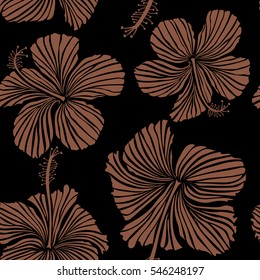 Pattern in brown colors with tropic summertime motif may be used as texture, wrapping paper, textile design. Vector seamless pattern of tropical hibiscus flowers, dense jungle. Hand painted.