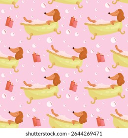 Pattern with Brown Dog Taking a Bubble Bath