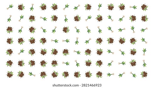 pattern of brown and green stink bugs arranged systematically in rows on a white background with clear insect shapes and details