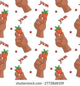 pattern with a brown hand holding a strawberry.