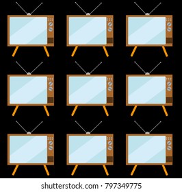 Pattern of brown, old, vintage, retro, hipster TVs with convex picture tubes on a stand with an antenna on a black background. Vector illustration.