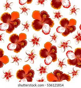 Pattern in brown and red colors with tropic summertime motif may be used as texture, wrapping paper, textile design. Vector seamless pattern of tropical hibiscus flowers, dense jungle. Hand painted.