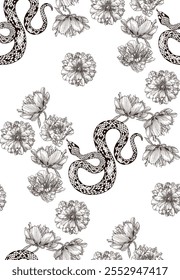 A pattern of brown snakes intertwined with floral designs creates a nature-inspired piece of art with serpentine shapes and intricate details.	